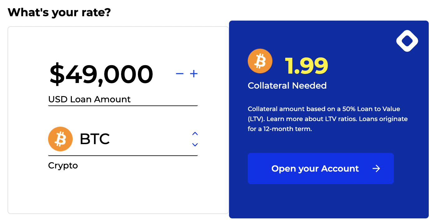 An example of an over collateralised crypto loan on BlockFI. At the time of writing the BTC/USD price is $\approx \$49,000$, and the collateral required is close to 2 BTC, meaning that the loan will be 200% collateralised.
