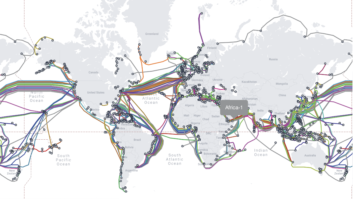 A world map of undersea fiber optic cables. Source: submarinecablemap.com