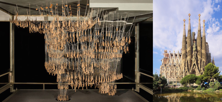 Gaudi&rsquo;s weight &amp; chain simulation (left) and the final cathedral (right). Source: Sagrada Familia Blog and Wikipedia