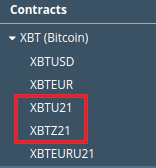 A list of Bitcoin products listed on BitMEX. Note the September 2021 (U21) and December 2021 (Z21) futures contracts.