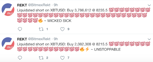 The famous @BitmexRekt twitter bot that used to post large liquidations that occurred on the BitMEX exchange during large price moves.