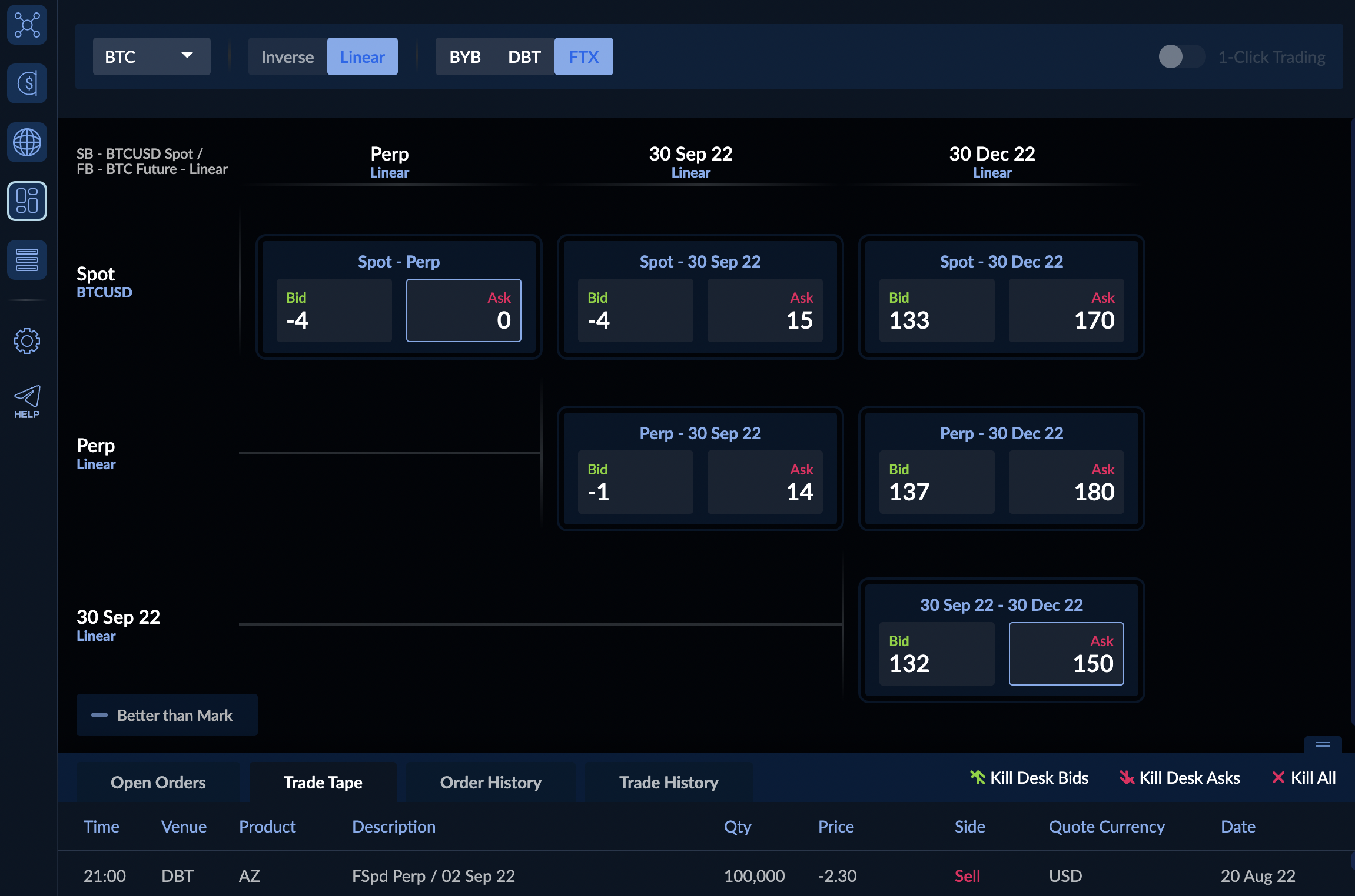 The future spreads dashboard on Paradigm with potential spread trades laid out in a grid.