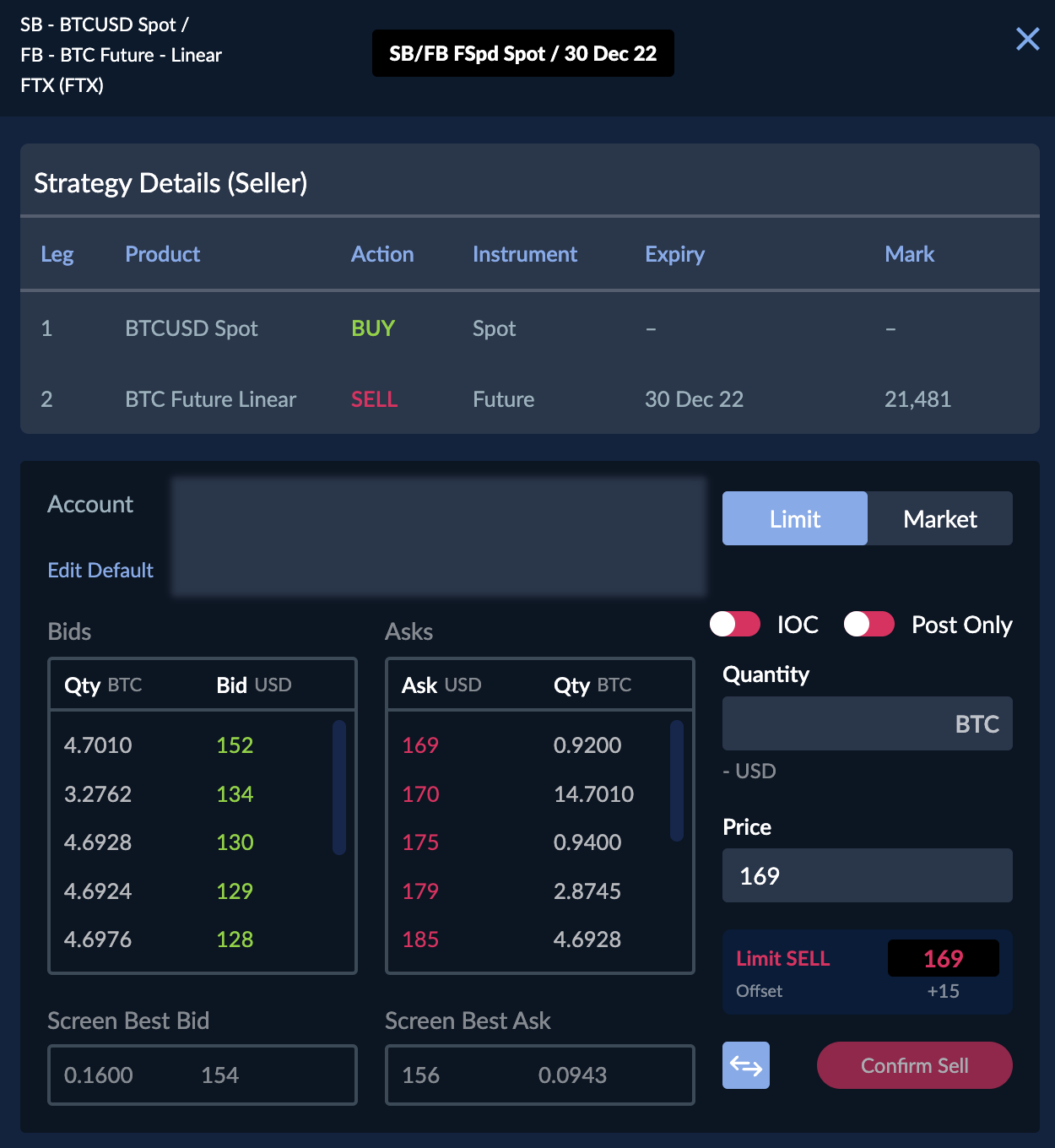 Future spread execution window with prices quoted as spreads rather than absolute prices.